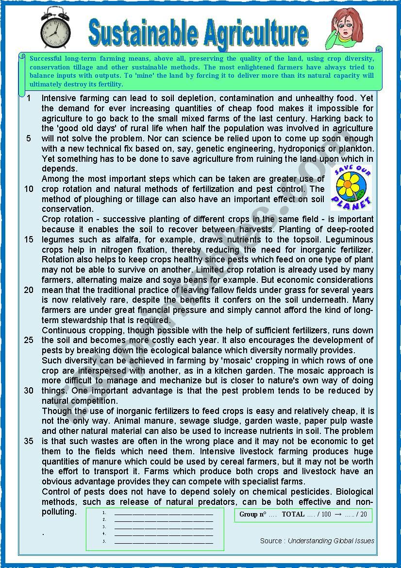 Sustainable Agriculture (READING) + varied comprehension ex + KEY  