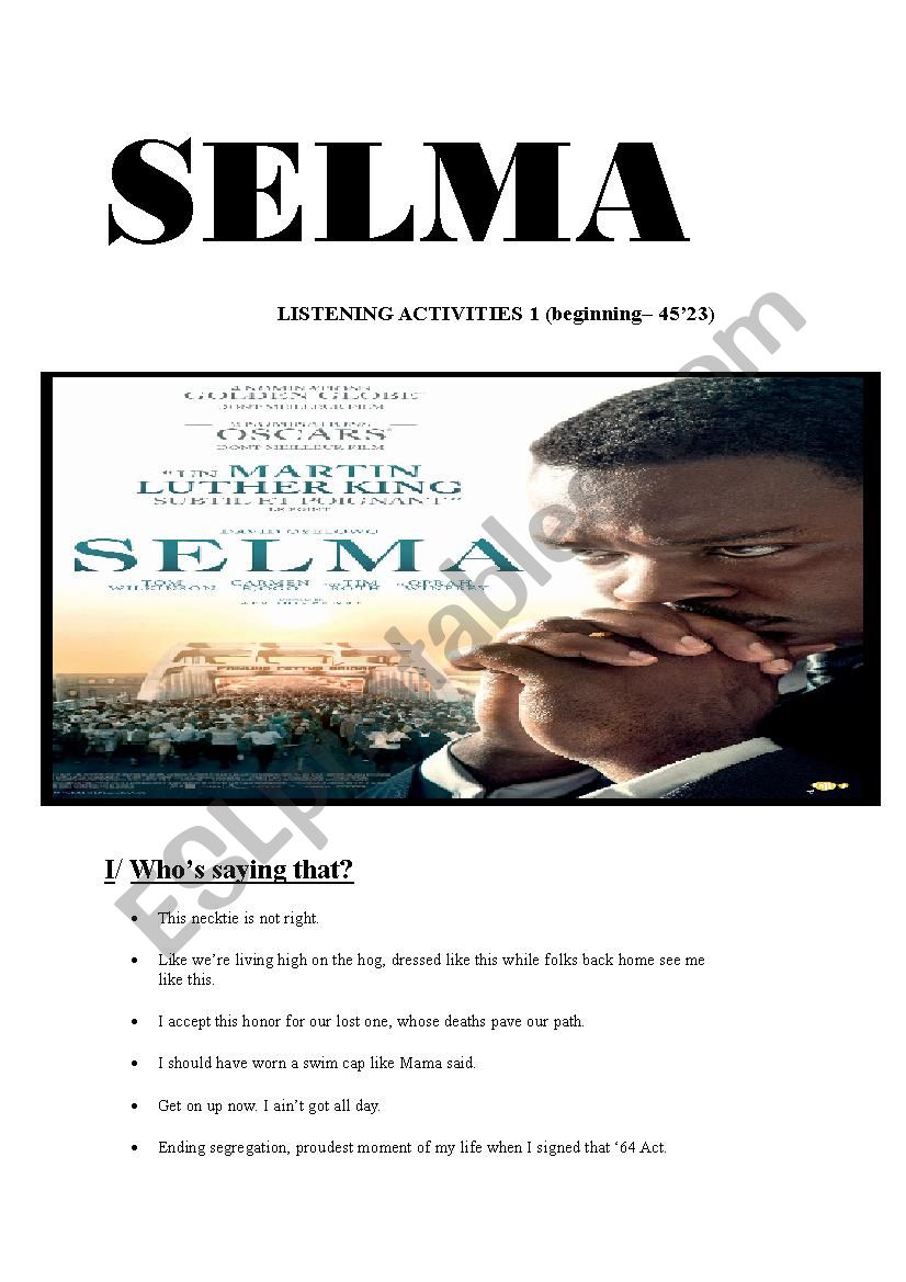 SELMA movie Listening Activities 1 (14 pages keys included) ESL