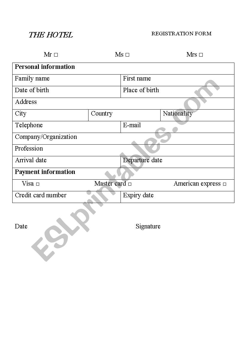 Hotel registration form worksheet