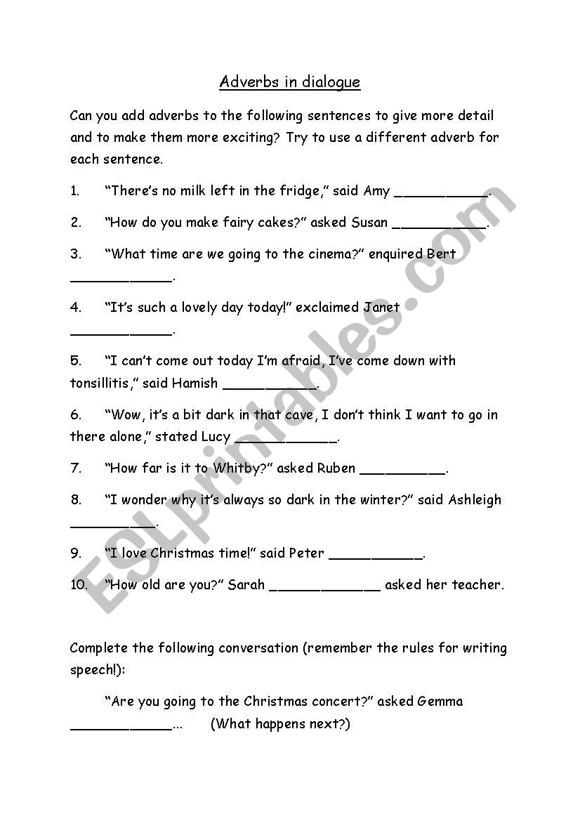 Adverbs in dialogue worksheet