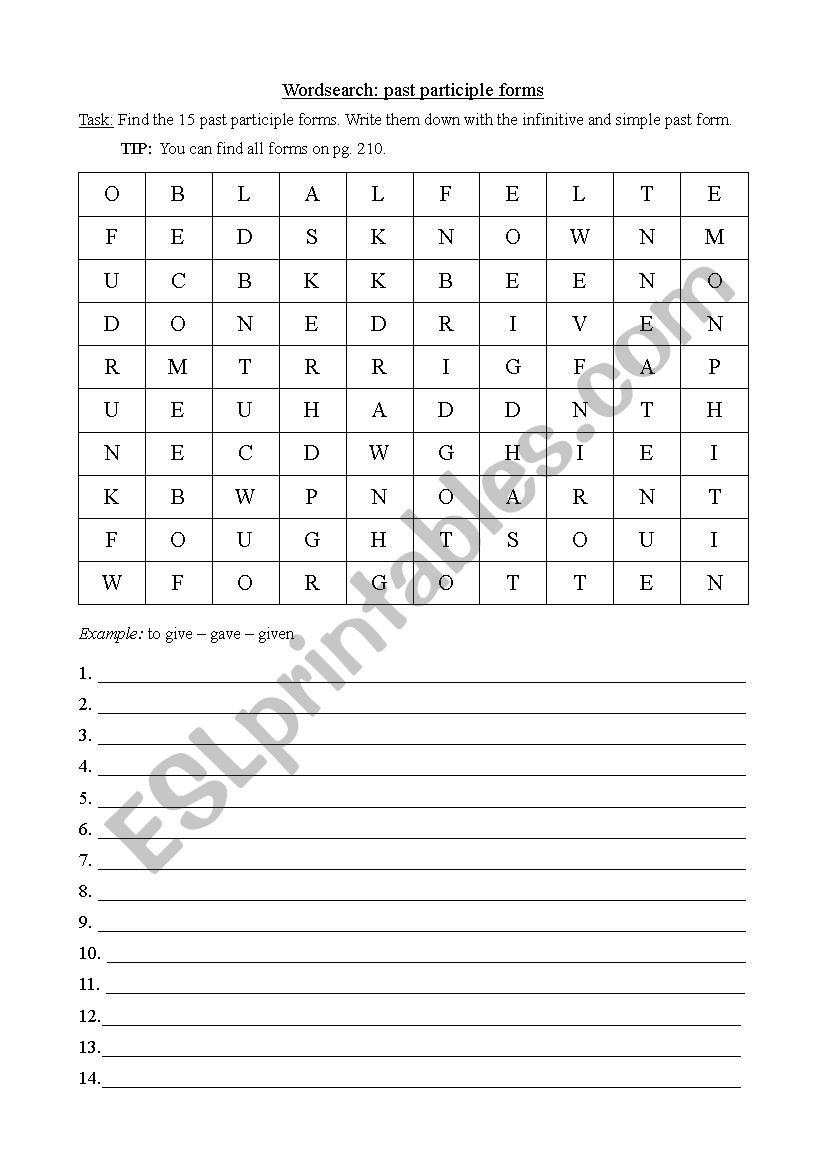 Wordsearch Irregular verbs past participle