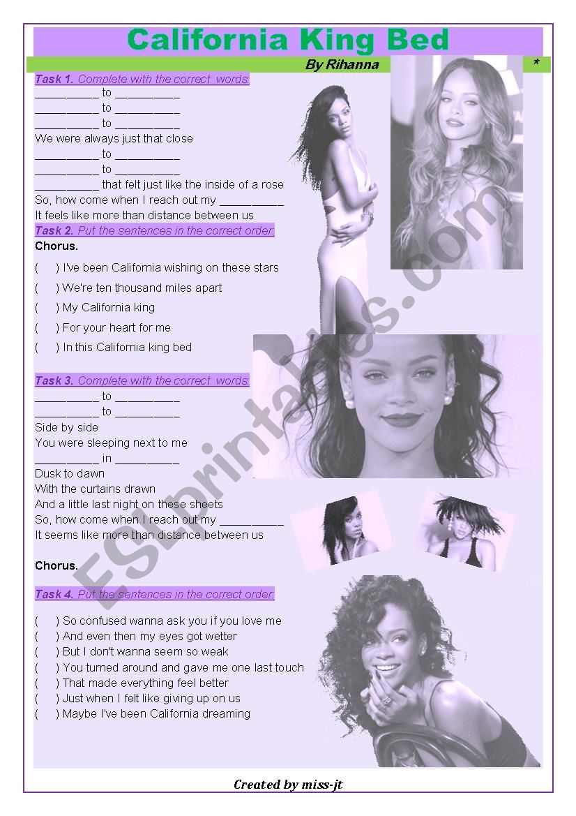 Rihanna - California King Bed (Song worksheet)
