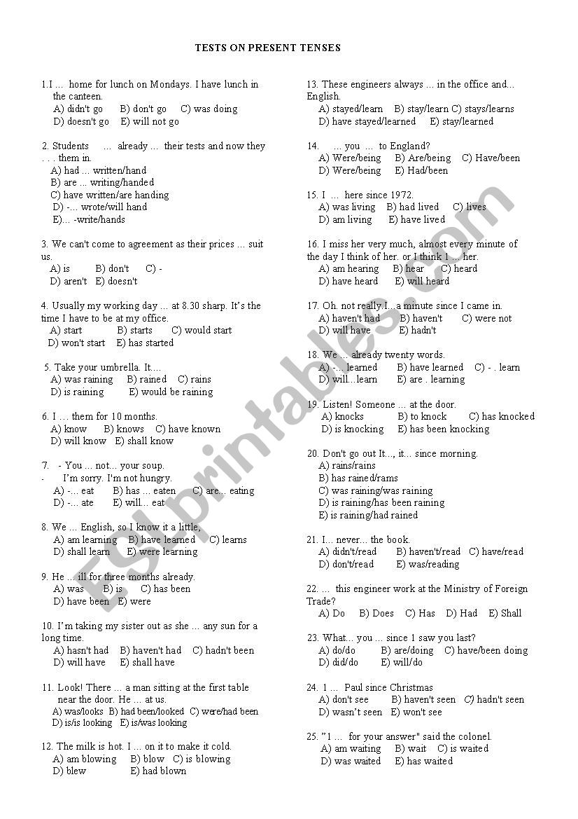 Multiple-choice tests on Present Tenses