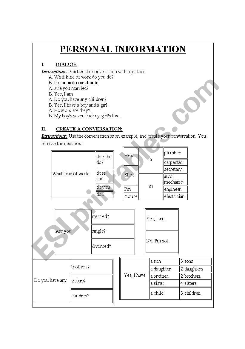 PERSONAL INFORMATION worksheet