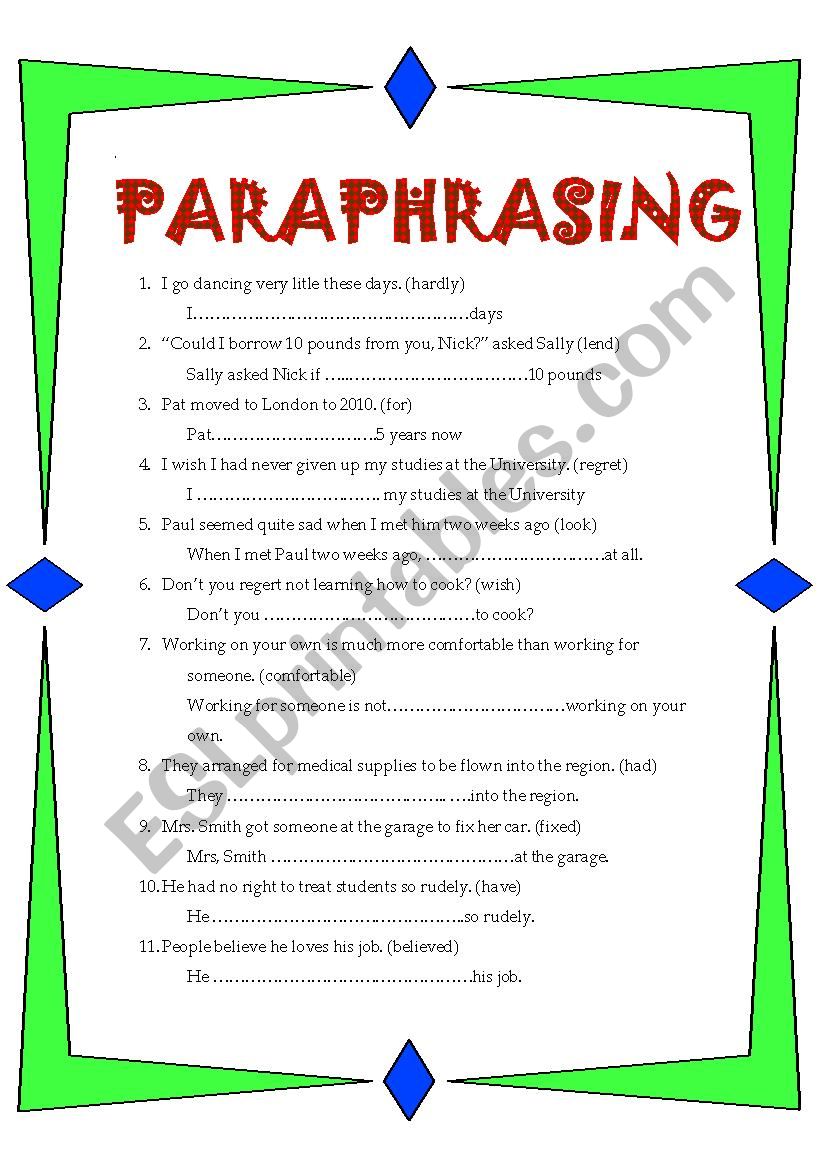 paraphrasing exercises for esl students