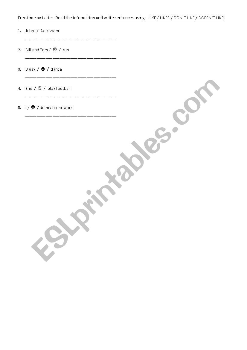 Like and dislike worksheet