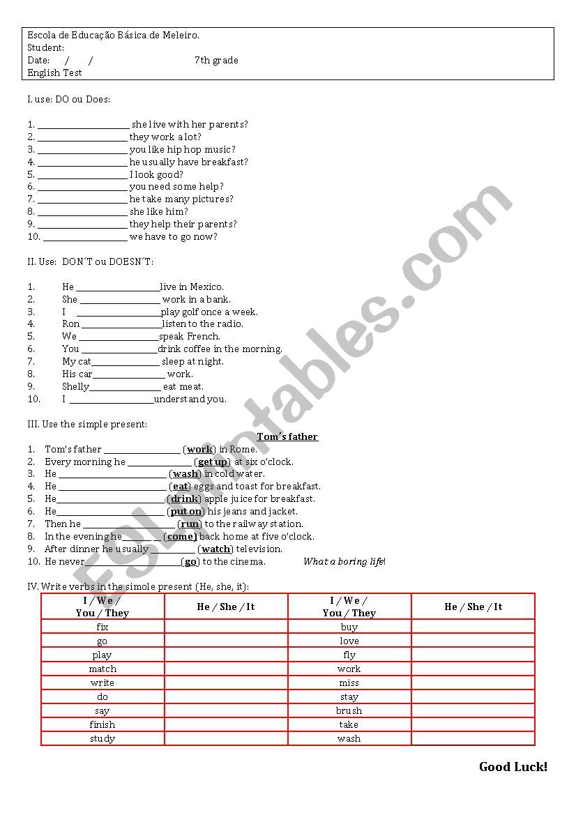 Test simple present worksheet