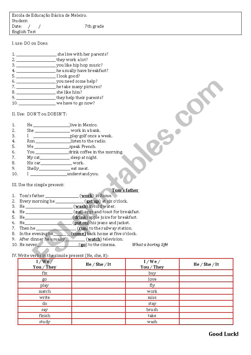 Test simple present worksheet