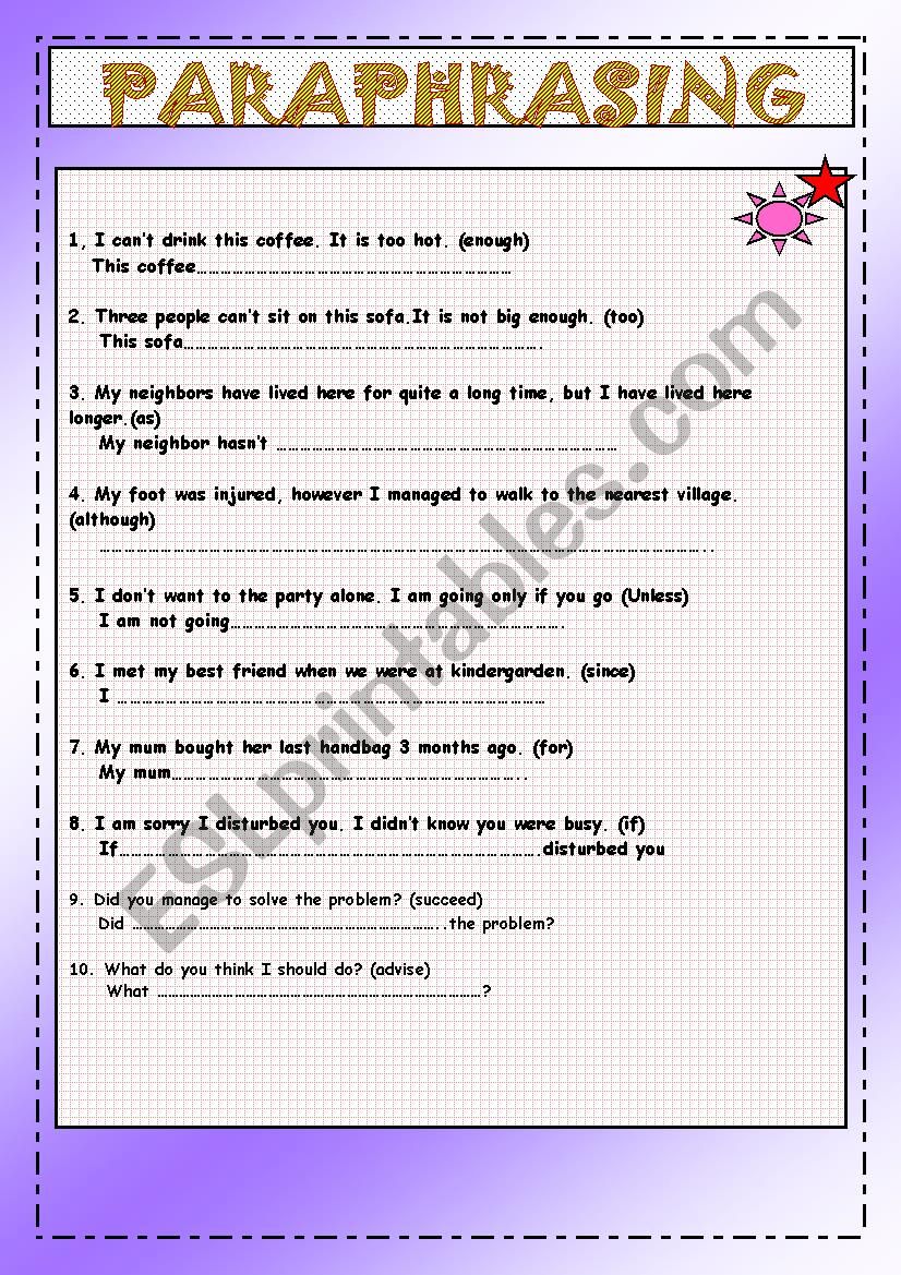 Paraphrasing Internediate worksheet