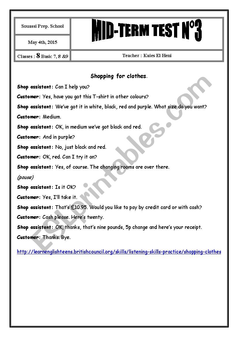 8th Form Mid-Term Test 3 worksheet