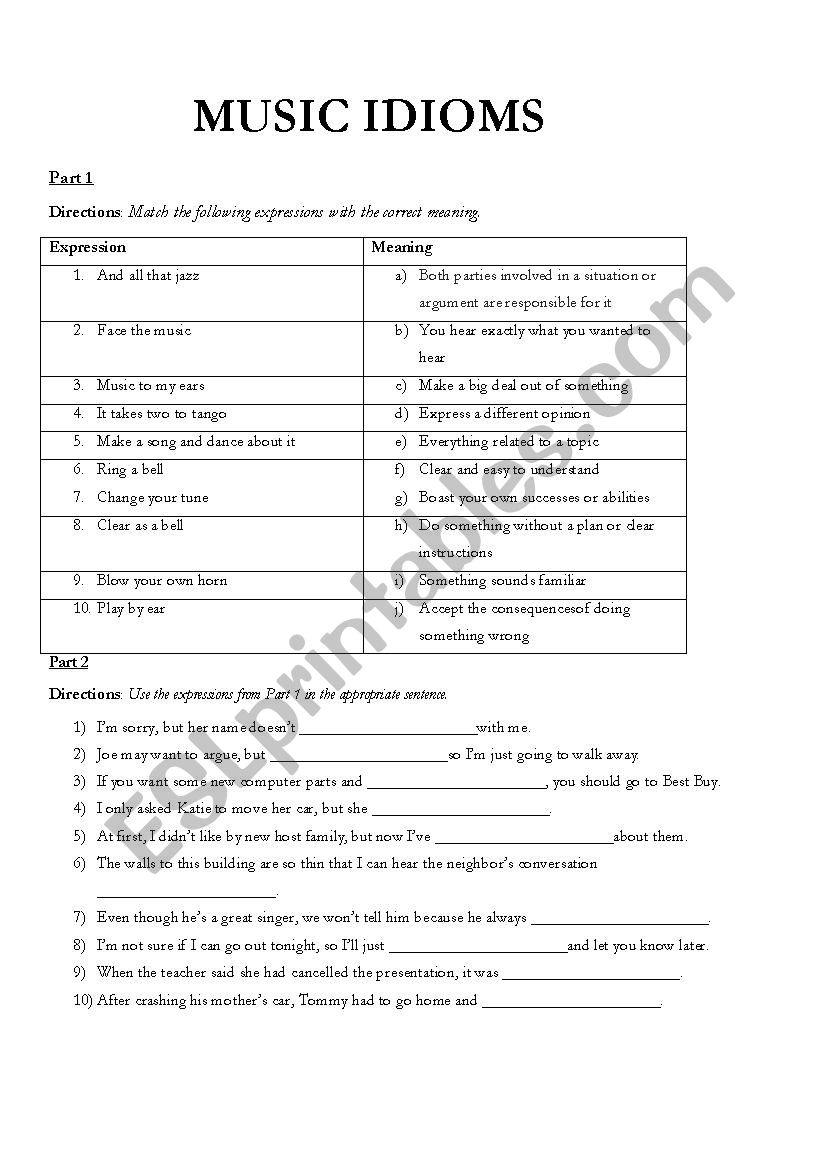 Music Idioms worksheet