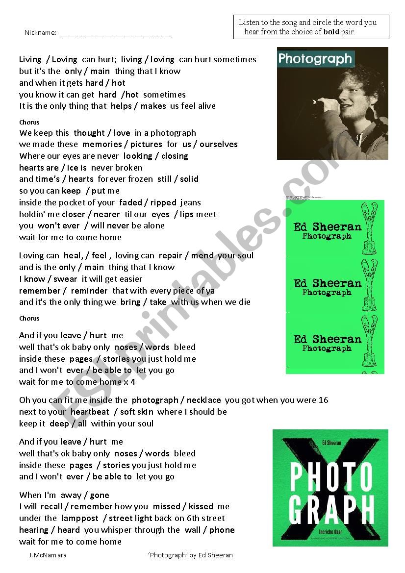 Photograph by Ed Sheeran worksheet