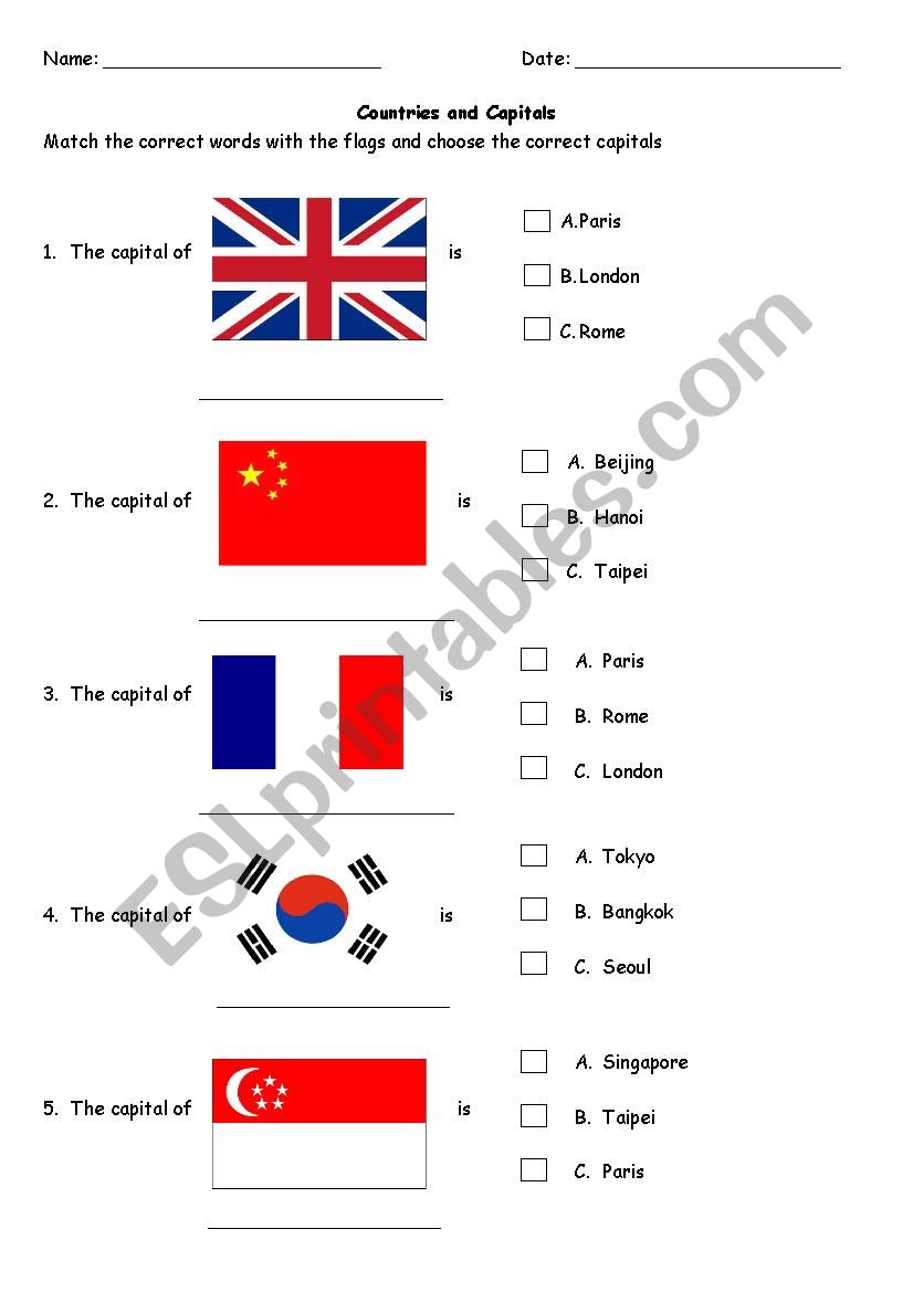 Countries & capitals worksheet