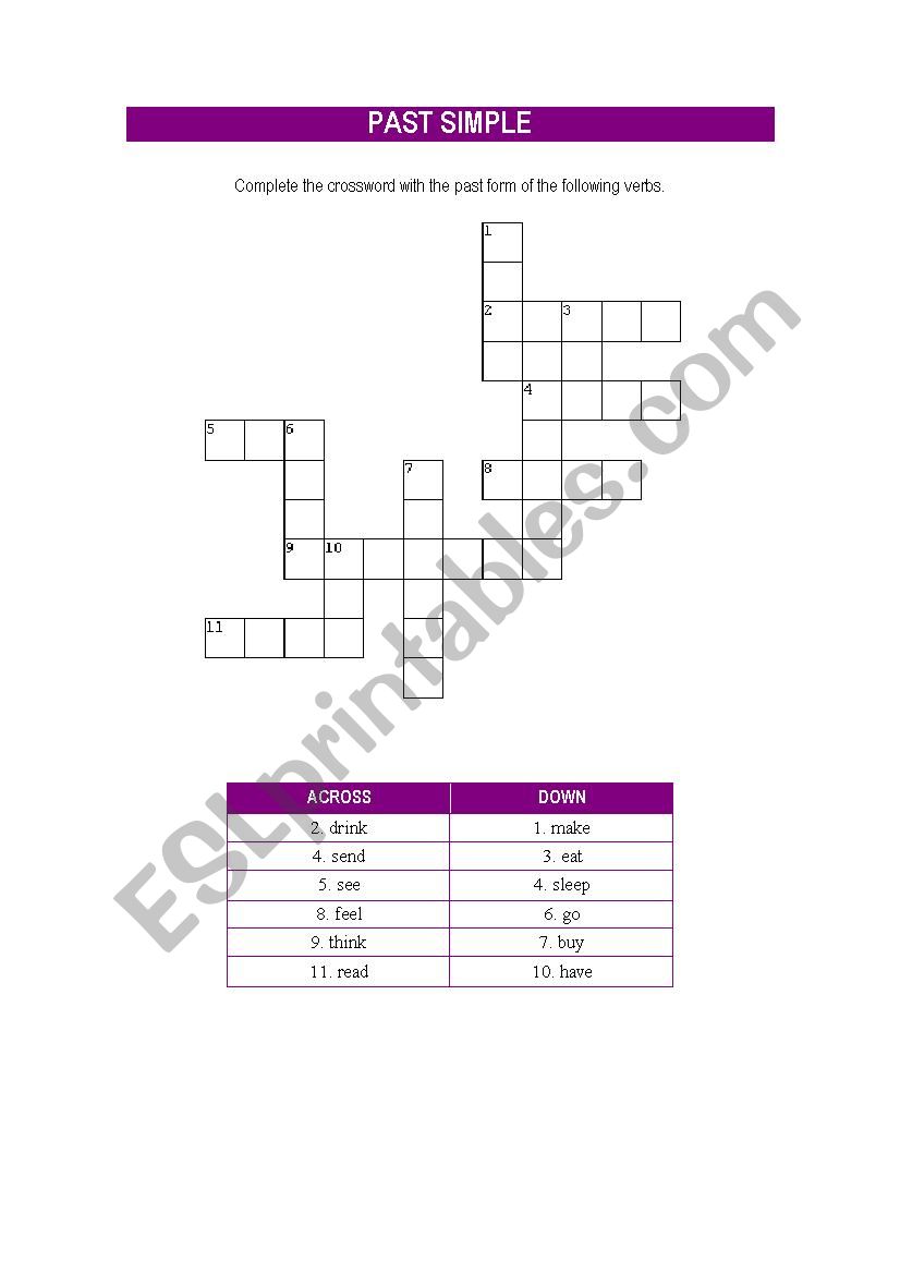 Irregular verbs crossword worksheet