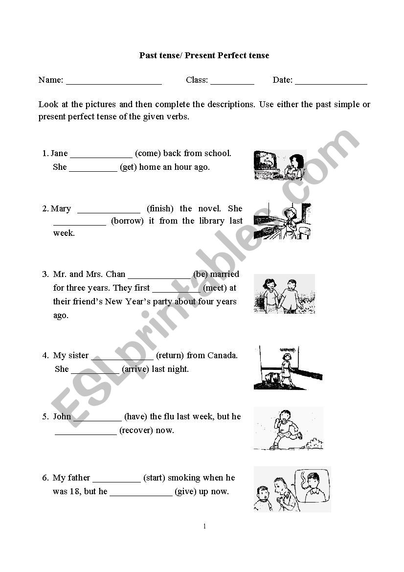 A worksheet about past tense and present perfect tense
