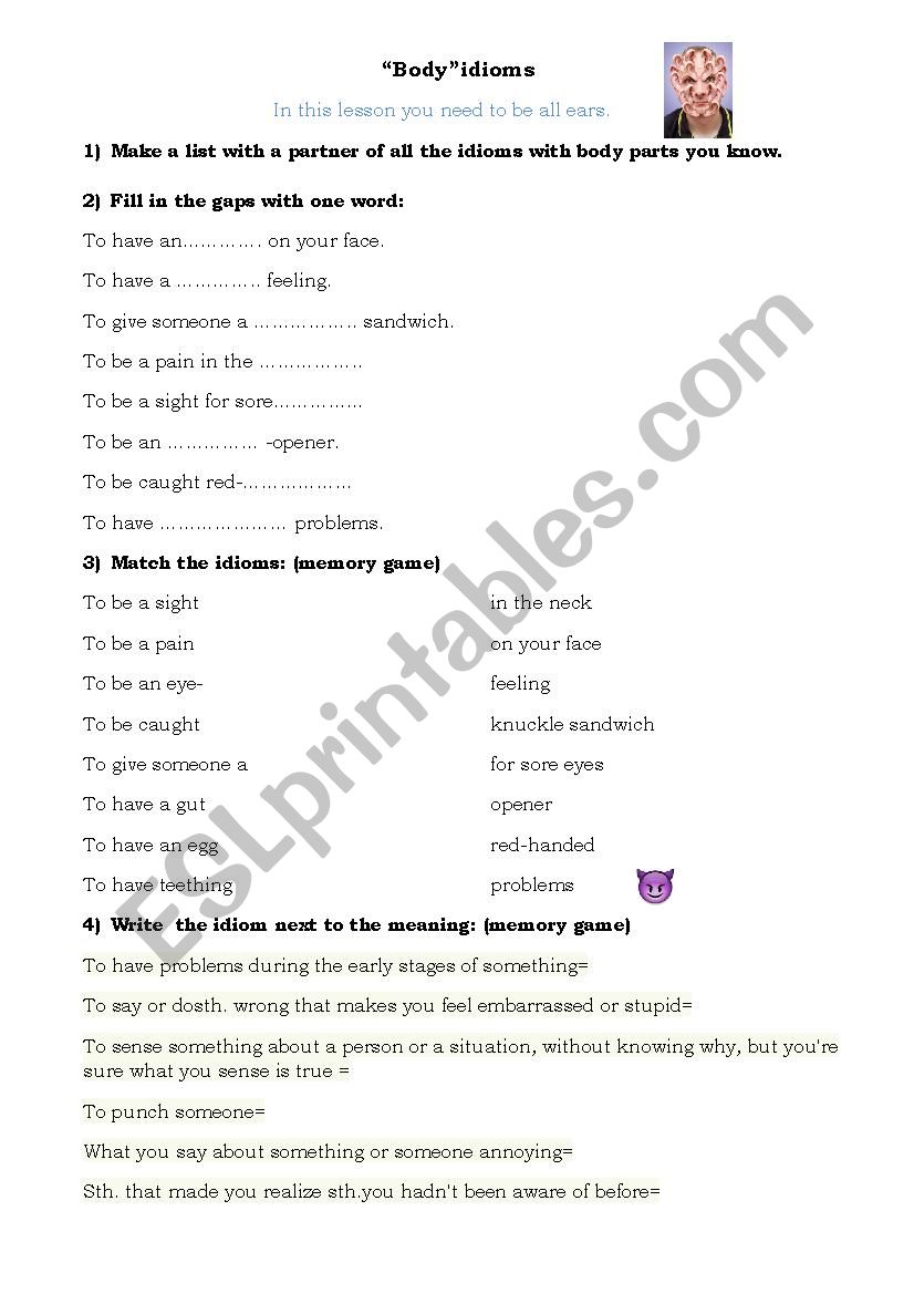 Body idioms worksheet