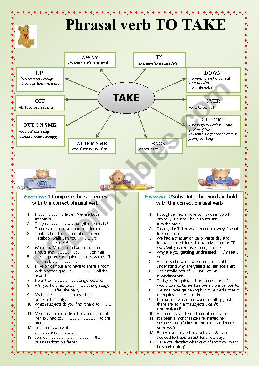 Phrasal Verb To Take Esl Worksheet By Andromaha