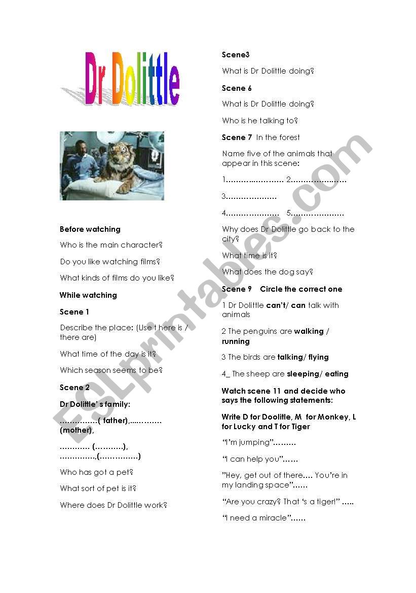 Dr Dolittle worksheet