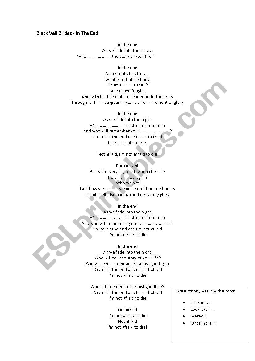 Black veil brides listening worksheet