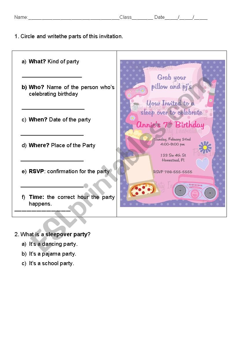 Invitation for a sleepover party Analyse the Parts