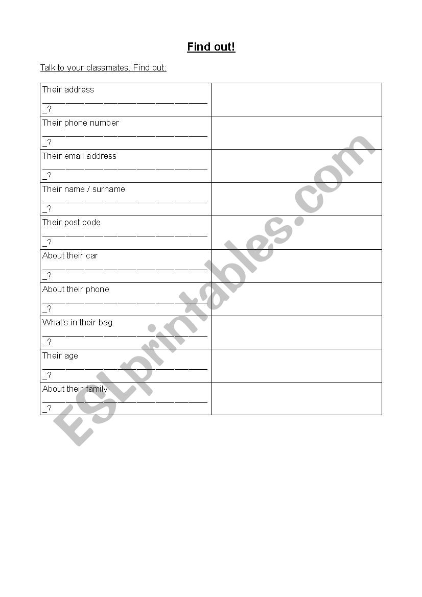 Questionaire worksheet