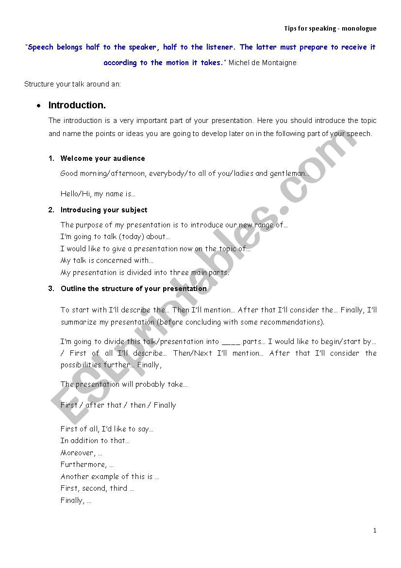 Tips for monologue speaking worksheet