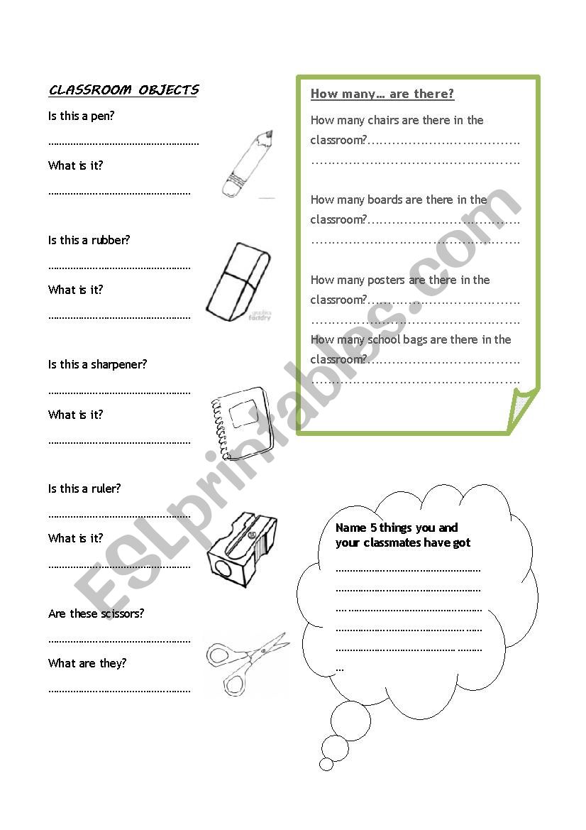 Classroom objects worksheet