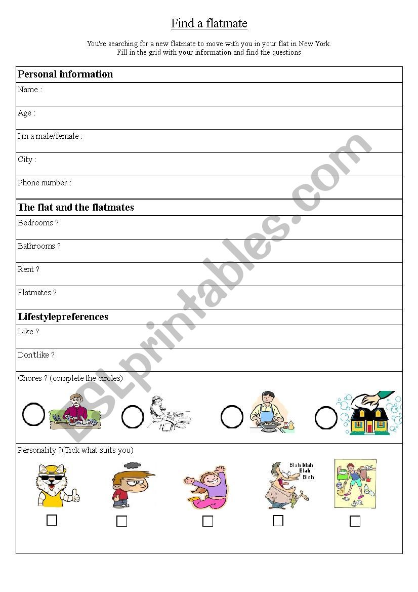 Find a flatmate worksheet