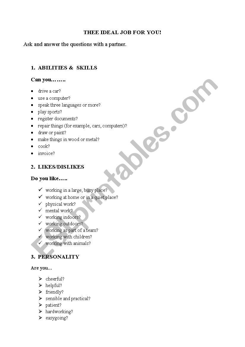 Find the ideal job for you! worksheet