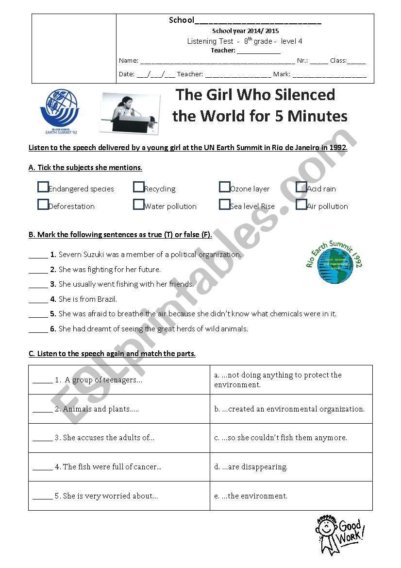 Listening test - Environment worksheet