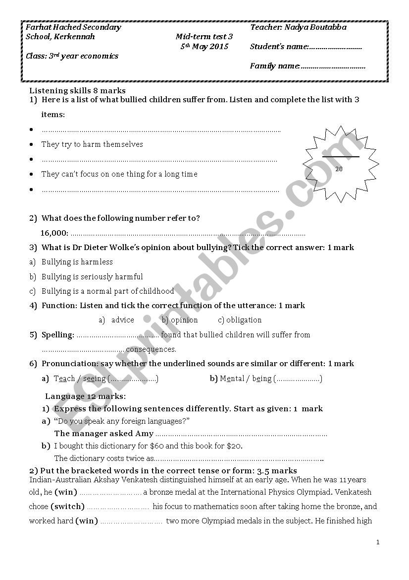 Mid-term test 3 for 3rd year students