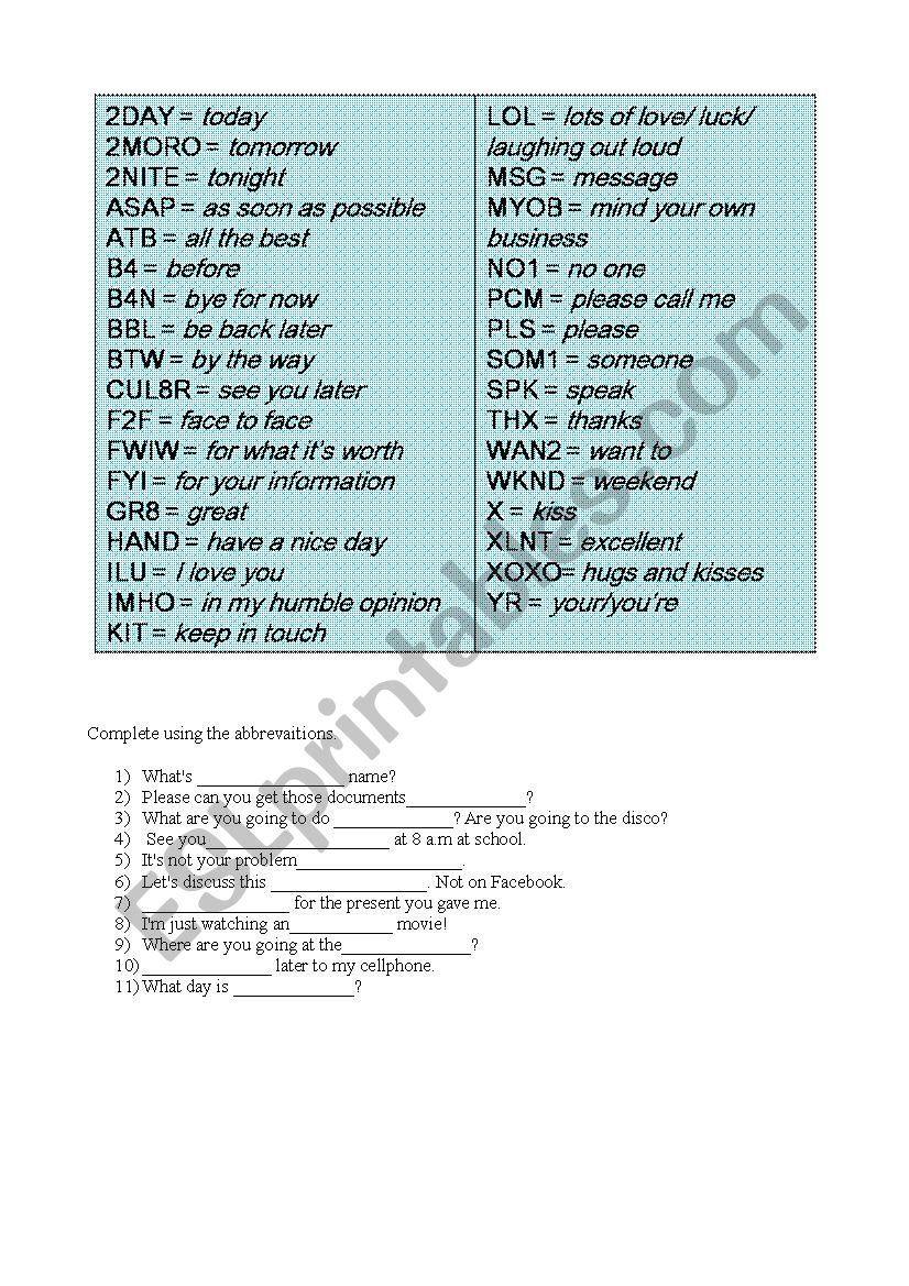 Technology Abbreviations worksheet