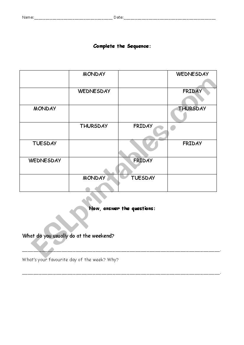 Days of the Week worksheet