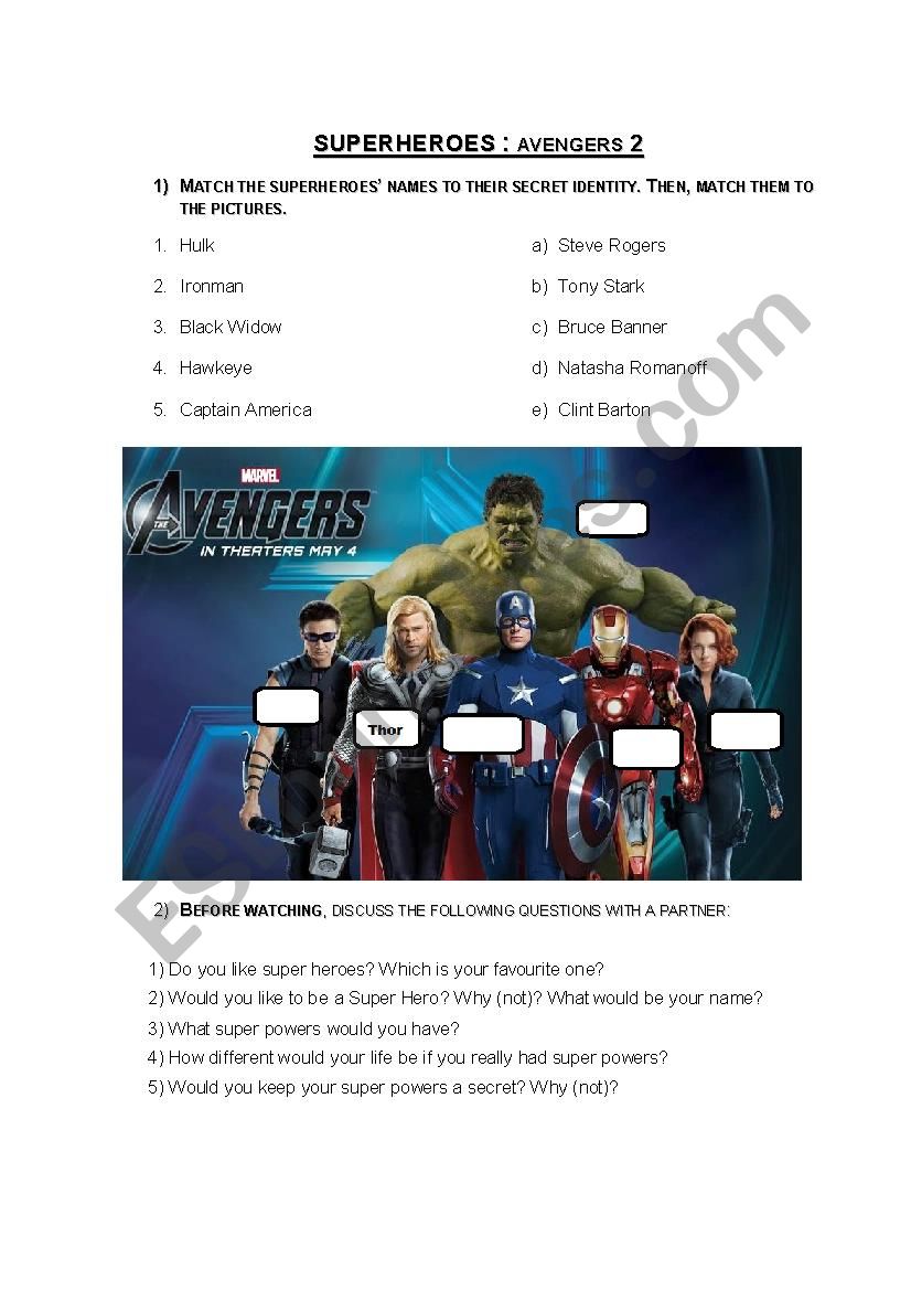 Superheores Avengers worksheet