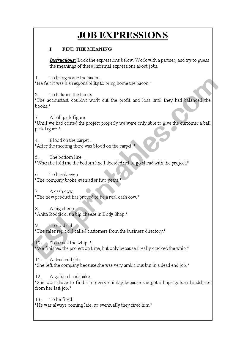 JOB EXPRESSIONS worksheet