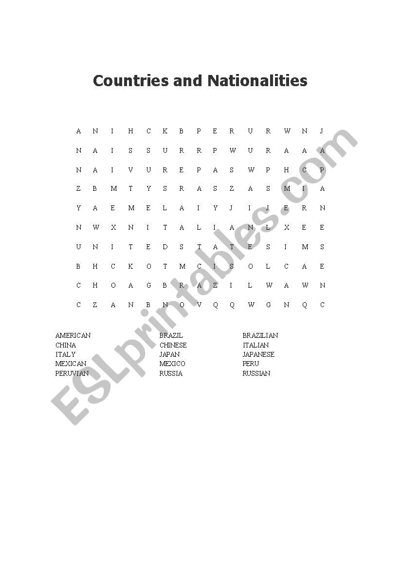 Countries and Nationalities word search