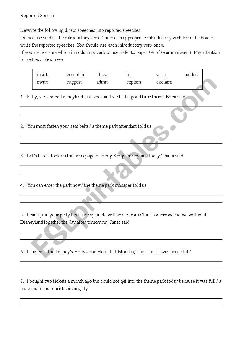 Reported Speech Worksheet worksheet