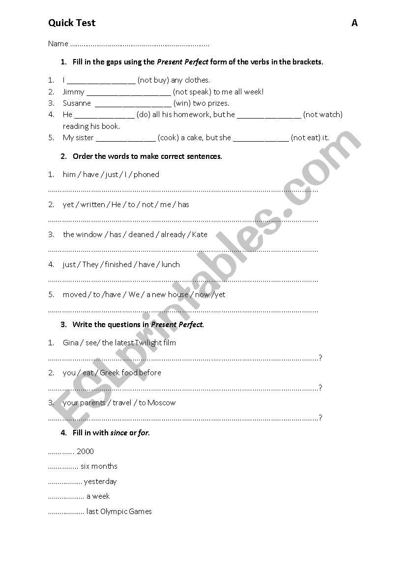 Present Perfect - Quick test worksheet