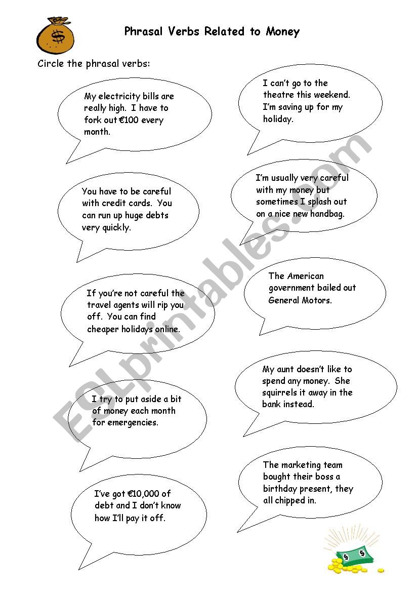 money phrasal verbs worksheet