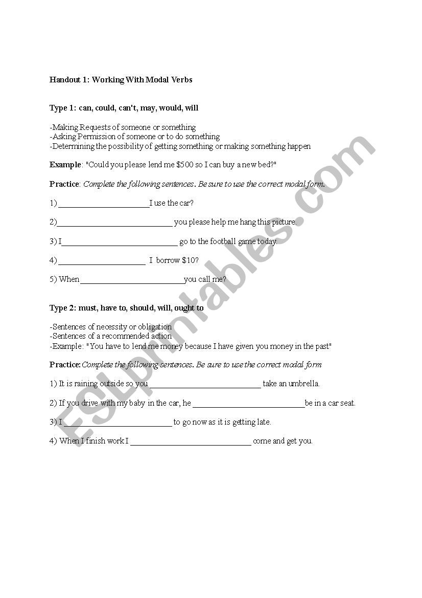 Modal Verbs worksheet