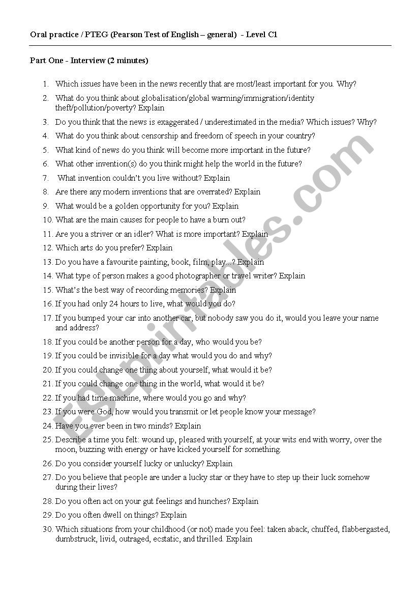 Oral Practice (Pearson Test) / Part 1 - Level C1