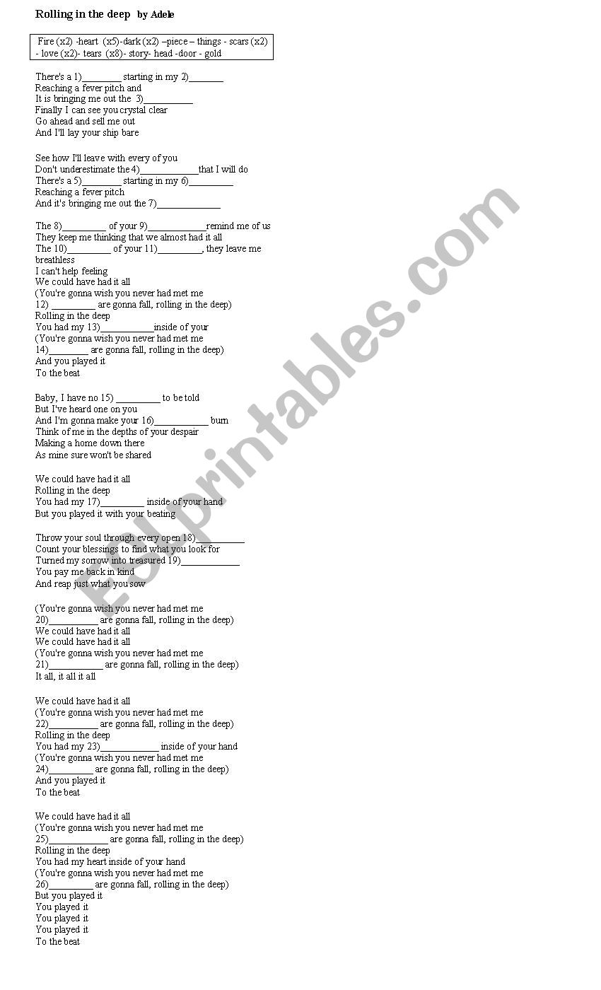 Rolling in the deep Adele worksheet