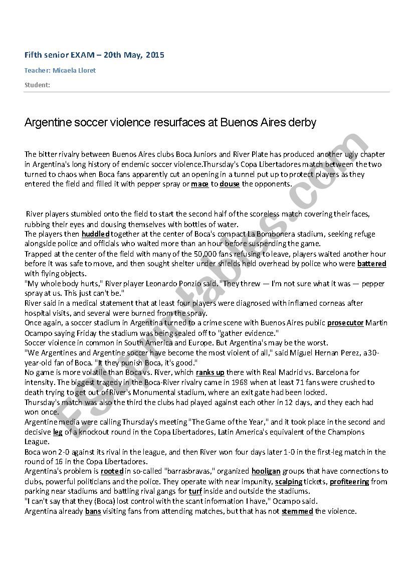 5th senior EXAM - Argentine violence in football