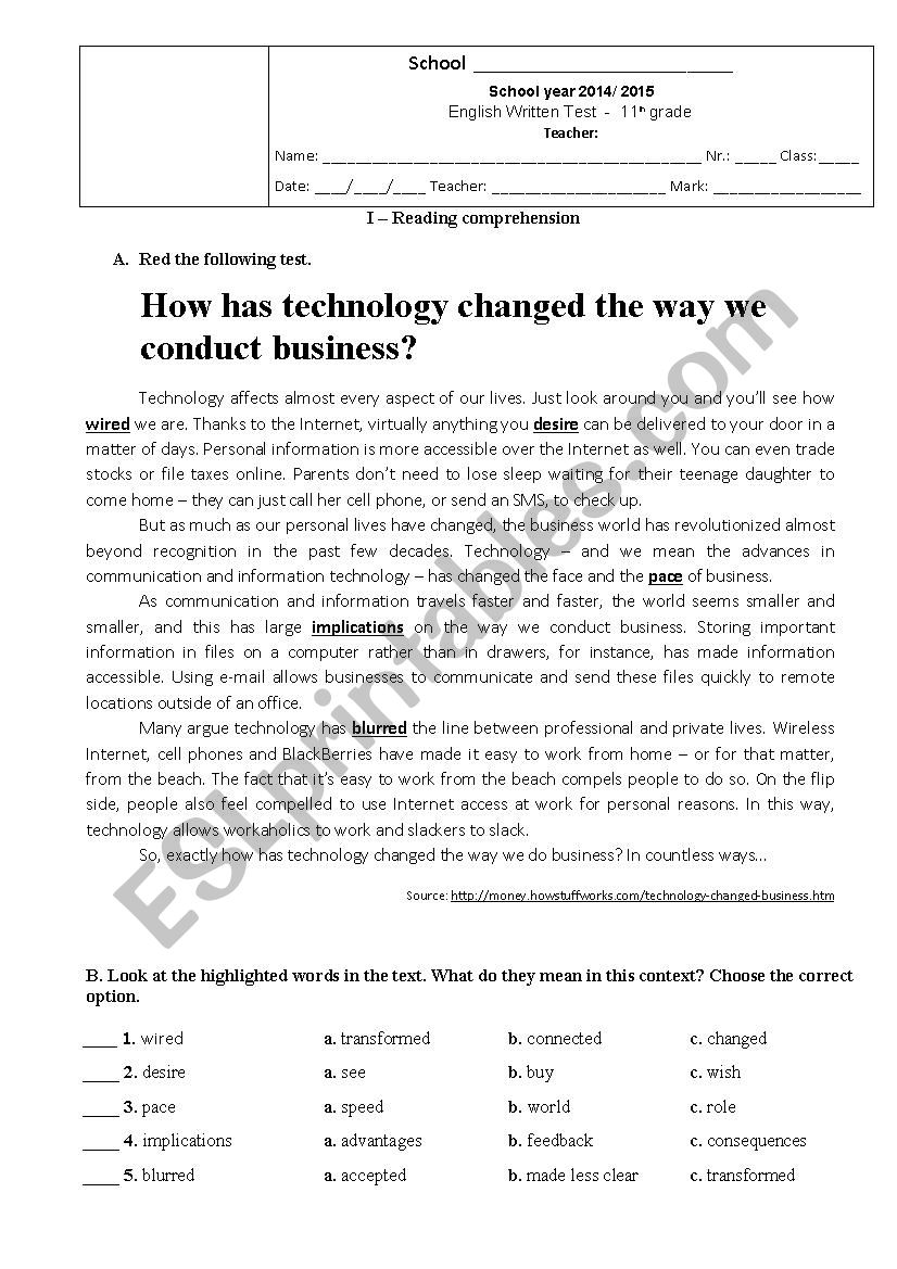 Test 11th grade - Business World