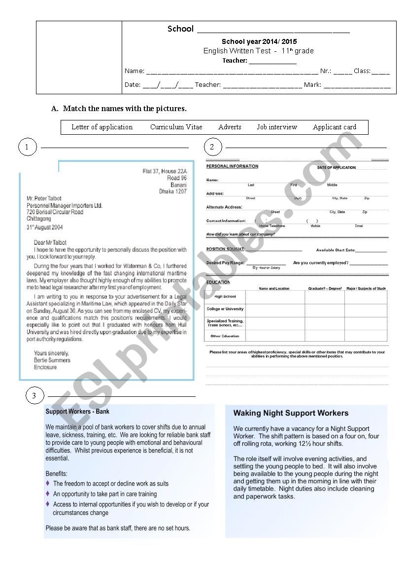 Test - The Professional World worksheet