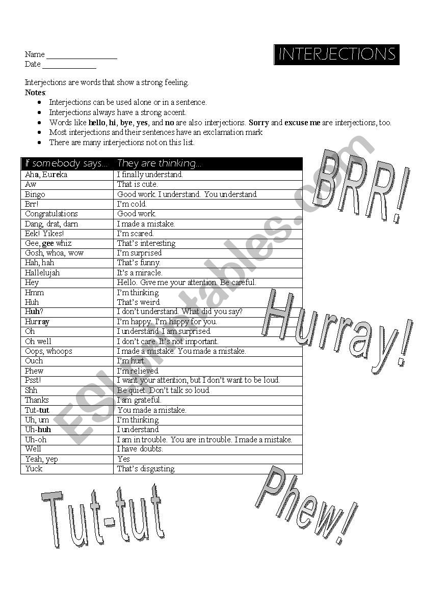 Interjections List and Worksheet