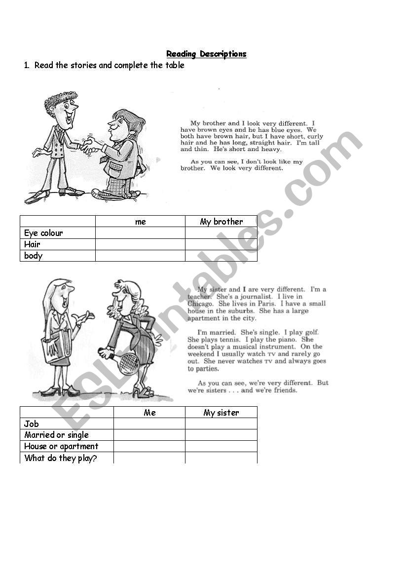 Reading Descriptions worksheet