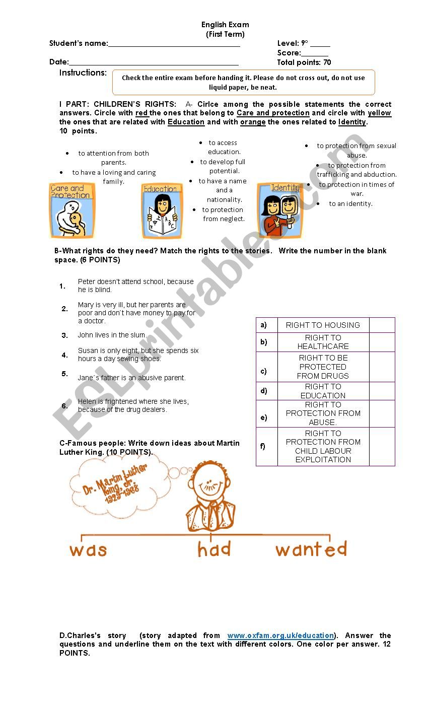 English Exam 9 graders worksheet