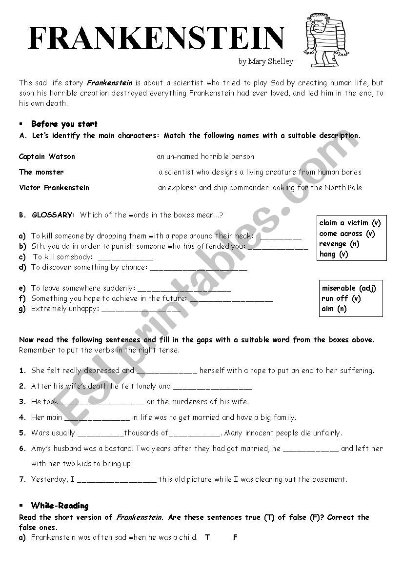 Frankestein worksheet