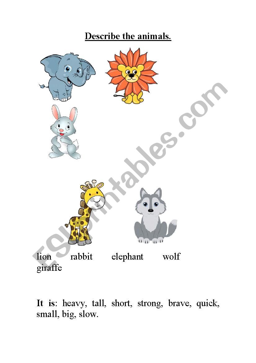 Describe the animals worksheet